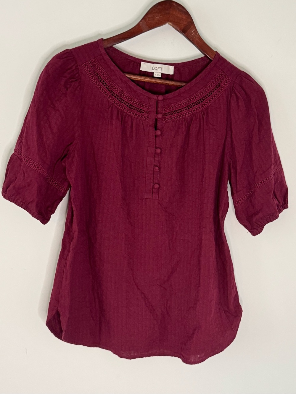 LOFT Plum Embroidered Button-Pleat Blouse